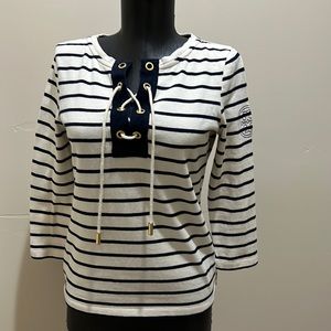 Tory Burch ivory and blue stripe nautical knit top size small